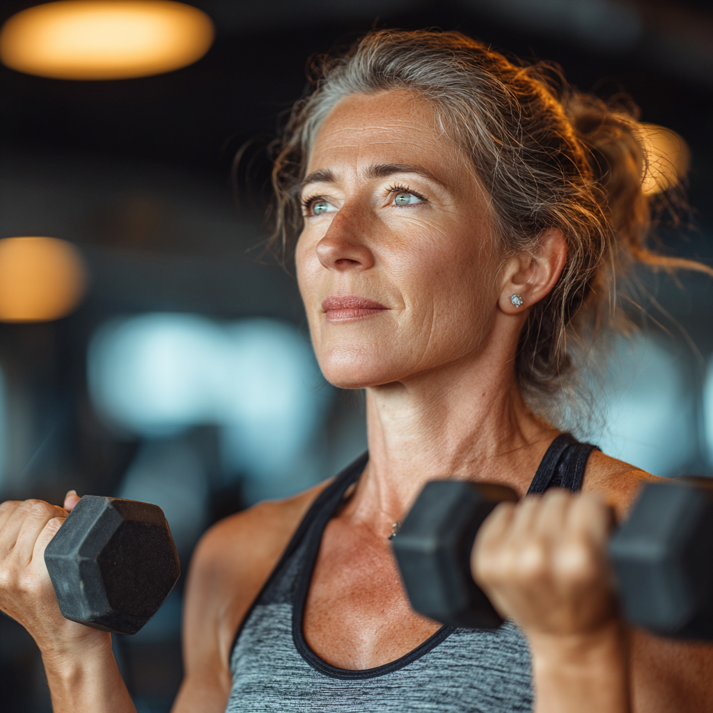 Fit middle-aged woman in her 50s doing strength training with dumbbells in a bright modern gym, wearing athletic clothing and showing determination during workout