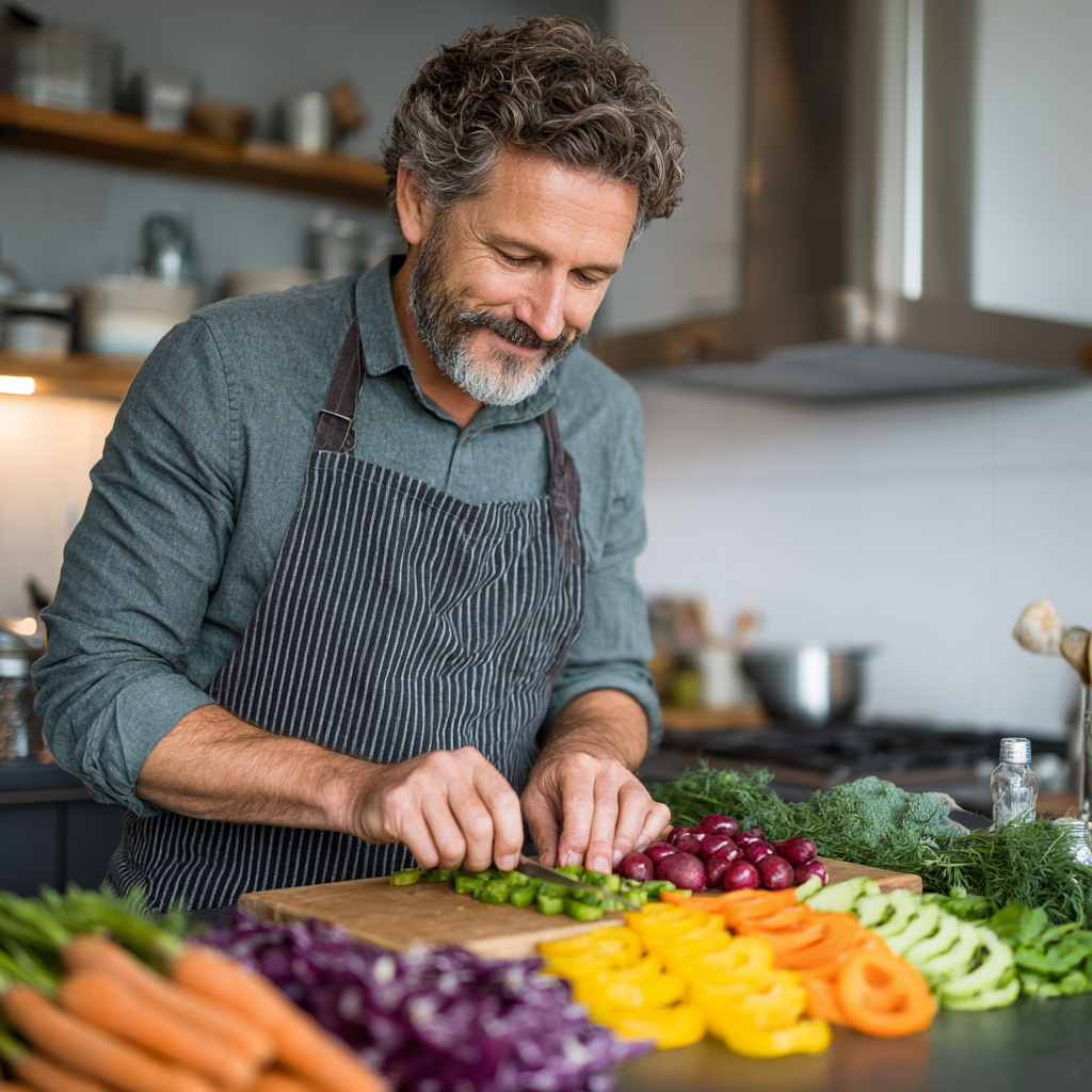 Healthy middle-aged man in his 40s preparing fresh nutritious meal with colorful vegetables and fruits in a modern kitchen, showing focus on healthy eating habits